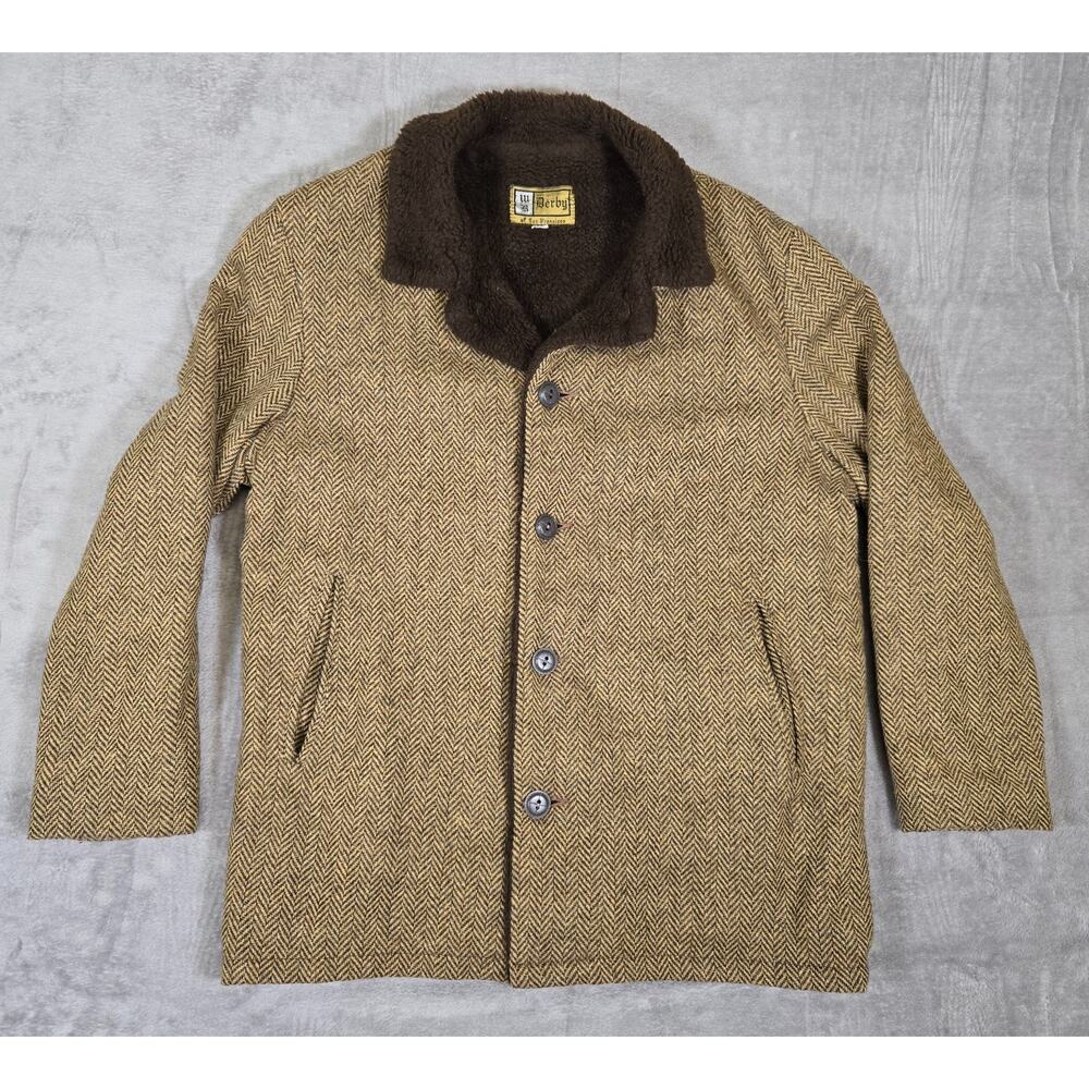 Vintage Derby Wool Herringbone Coat Sherpa Lined Mens 44 Brown Button Front